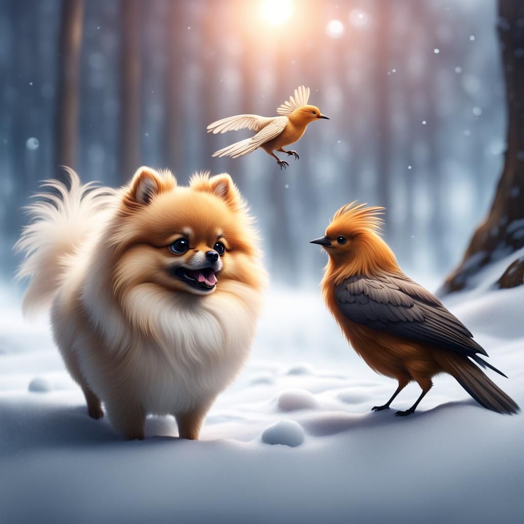 Pomeranian and Bird in Snowy Fantasy Landscape