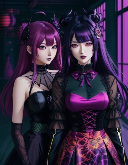 Anime Goth Girls Unite in Vibrant Japanese Pop Art Style