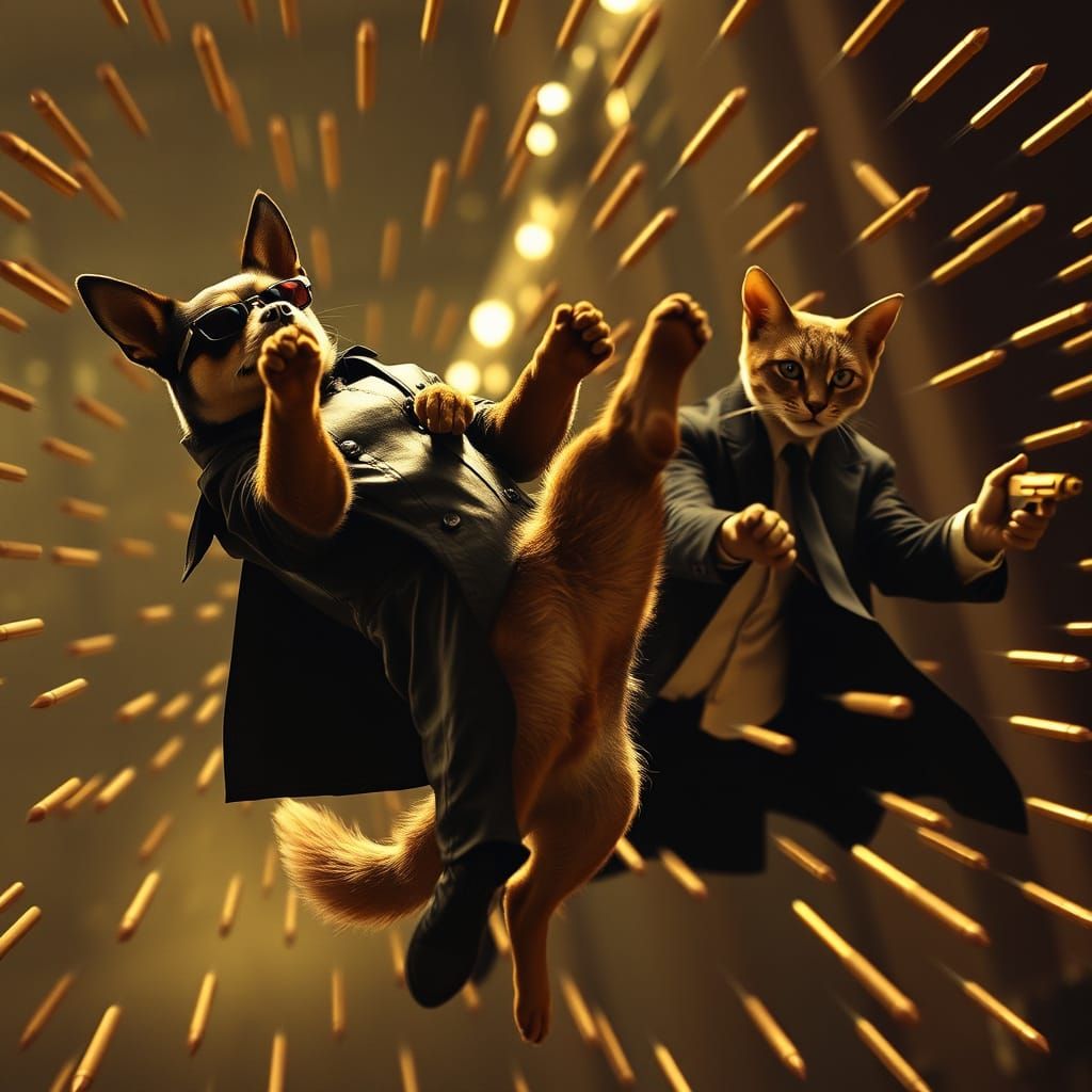 Canine Neo Defies Feline Agent Smith in Bullet-Time Action