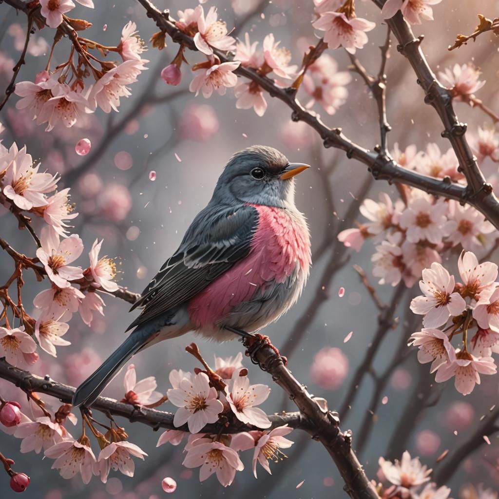 Bunting Bird in Cherry Blossoms: Oil Painting