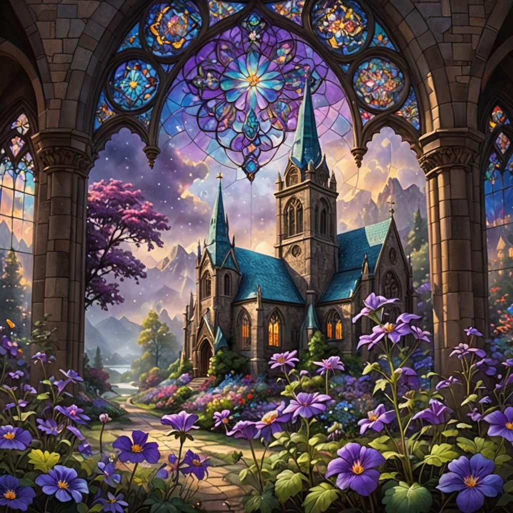 Stained Glass Church Window with Cranesbill Flower