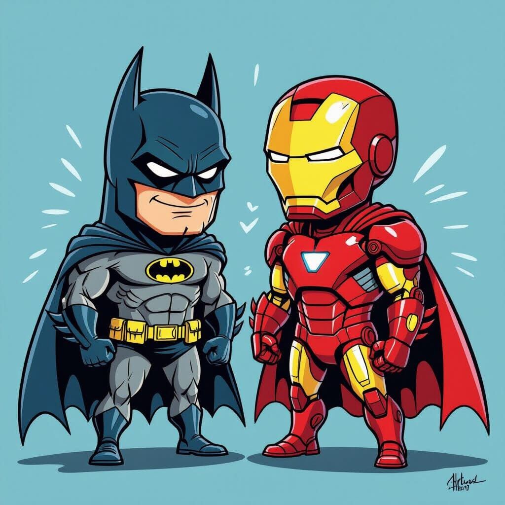 Batman and Iron Man Playful Caricatures in Vibrant Digital A...