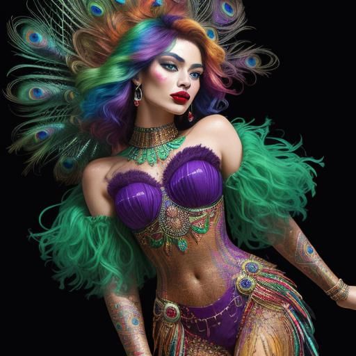 Abstract Woman with Peacock Feathers in Expressionist Style