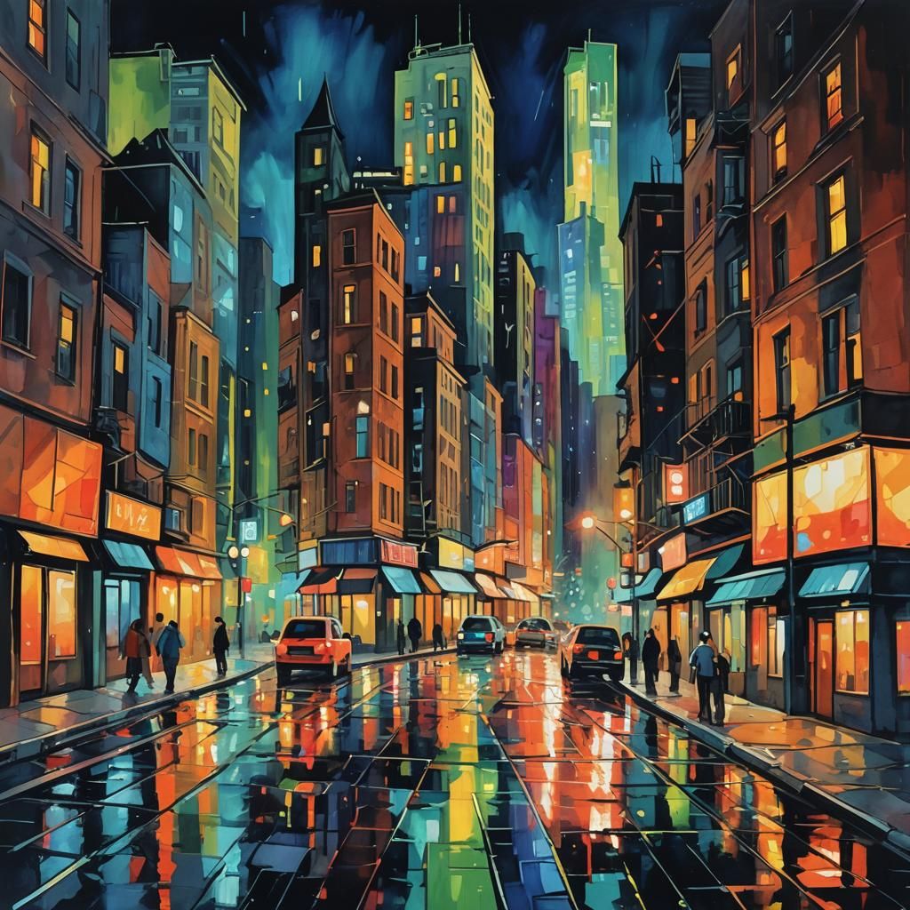 Cubist Cityscape at Night in Gouache Watercolor