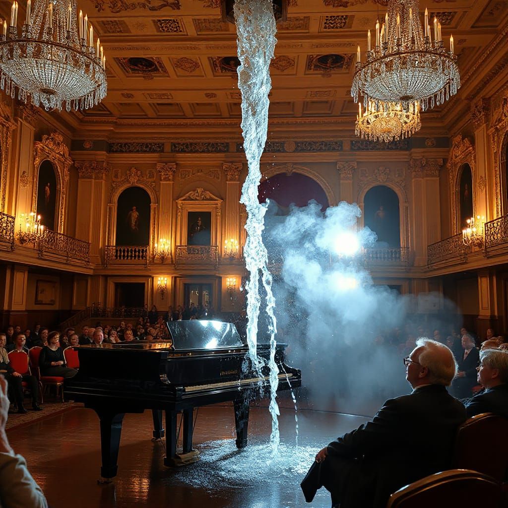 Surreal Waterfall Flowing Upward in Concert Hall