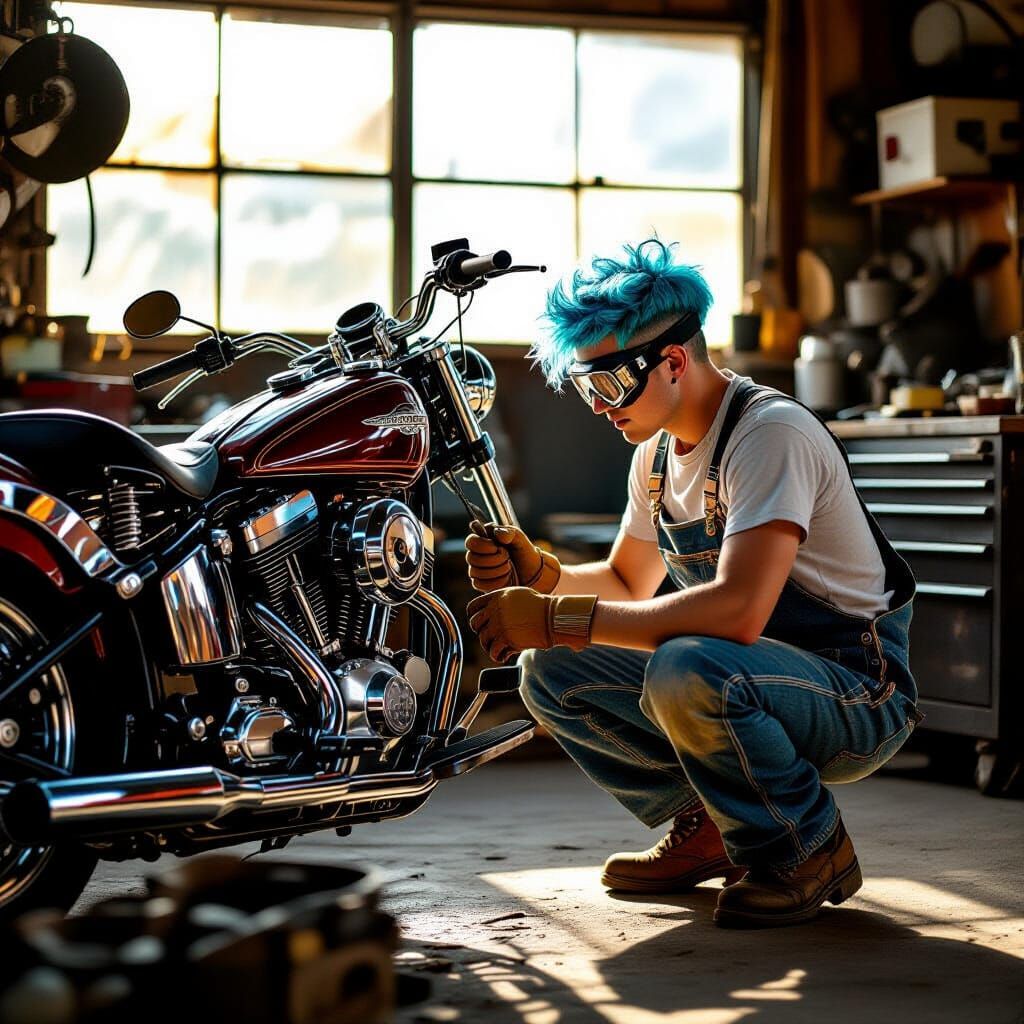 Mechanic Inspects Chrome Motorcycle in Film Photography Styl...