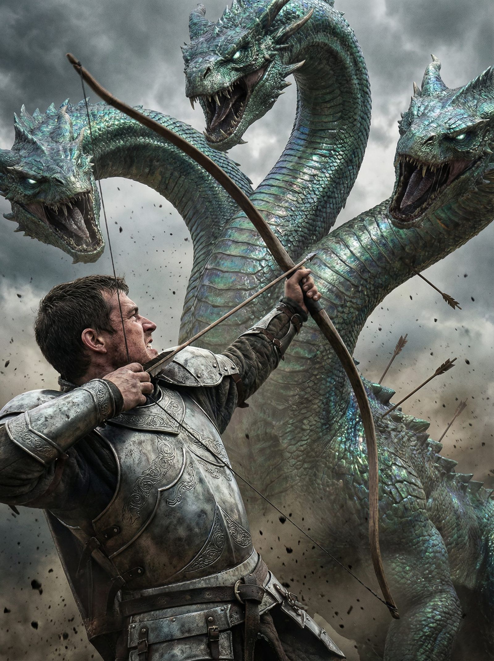 Archer Battles Hydra in Dynamic Close-Up