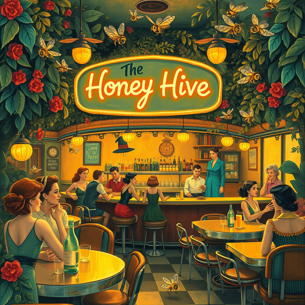 The Honey Hive: 1950s Fantasy Dive Bar in Gouache Style