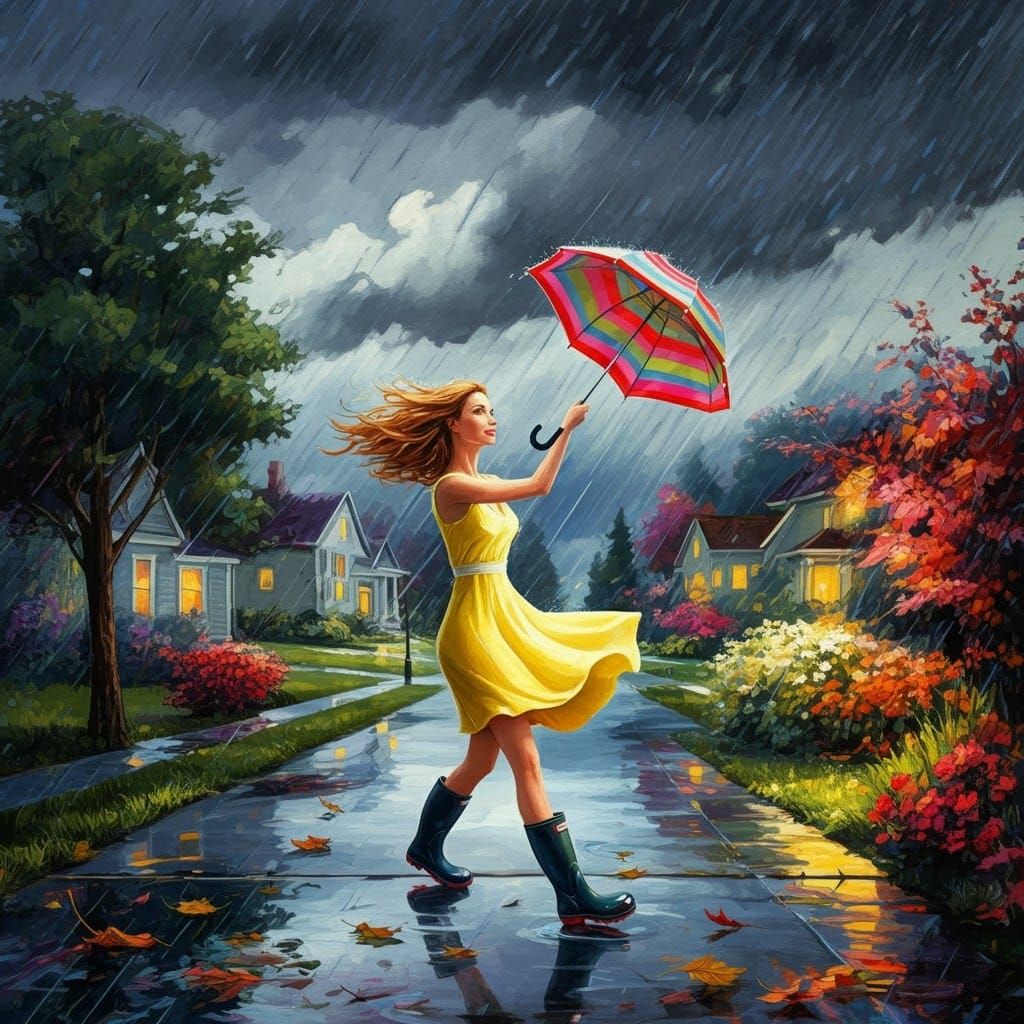 Woman Walks Against Storm in Stylized Street Scene