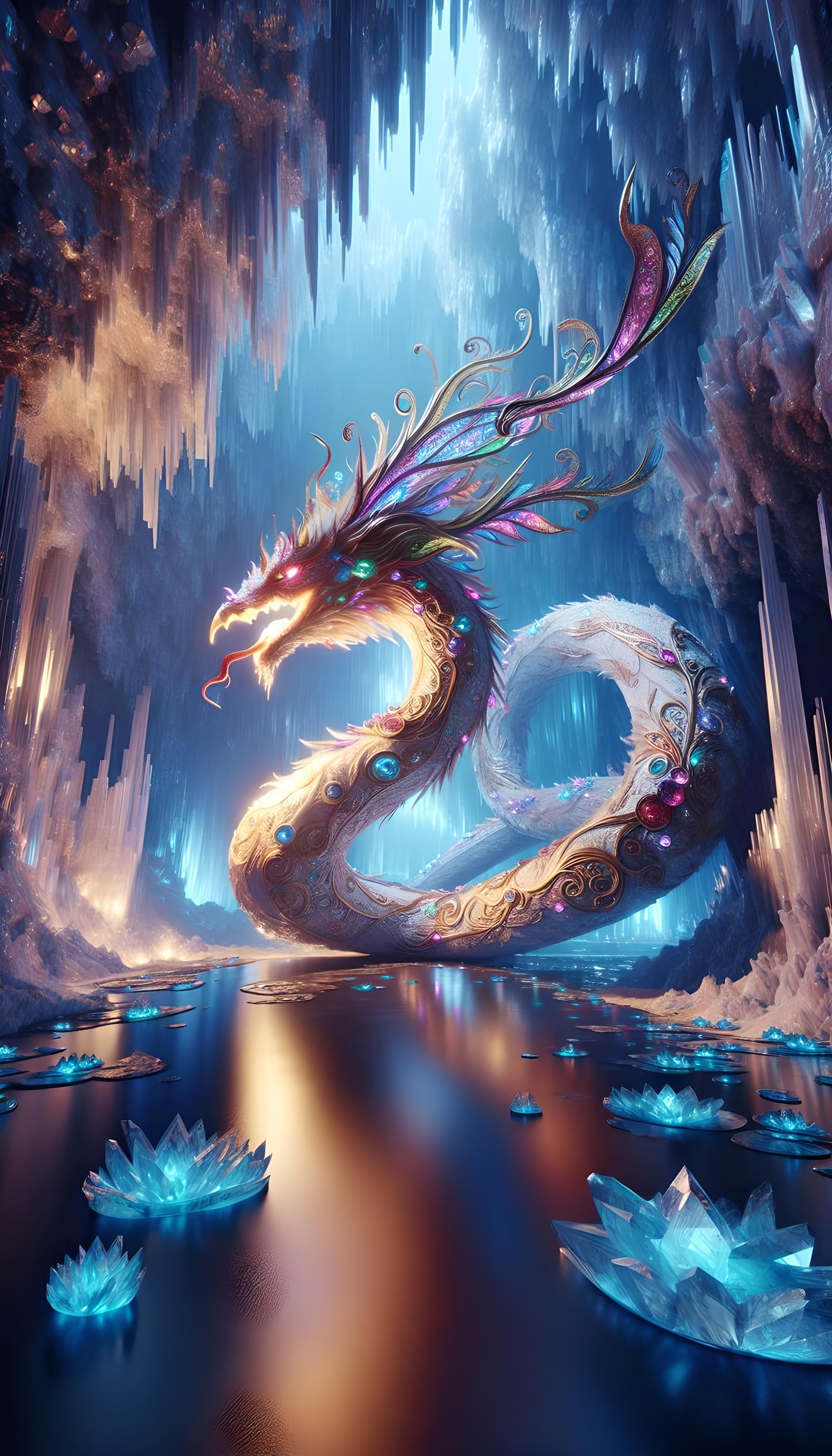 Gems Adorn Mythical Bird in Crystalline Cave