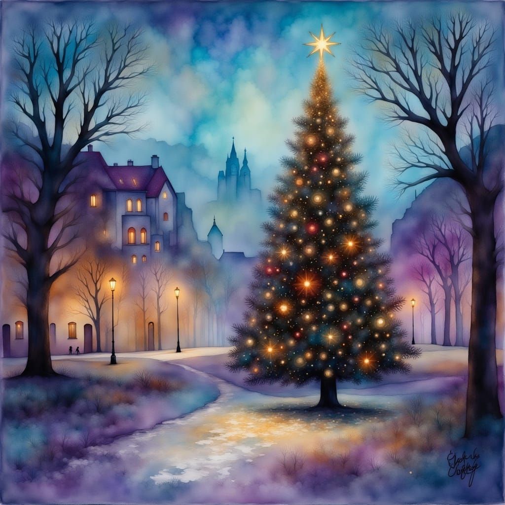 Christmas Tree in City Square at Dusk