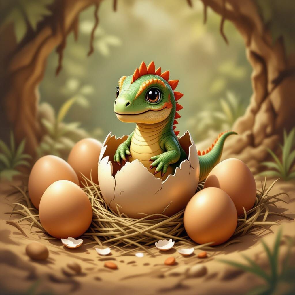 Baby Dinosaur Emerges in Cozy Nest