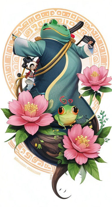 Chibi Monk and Frog Family Dance Amidst Blooming Flowers