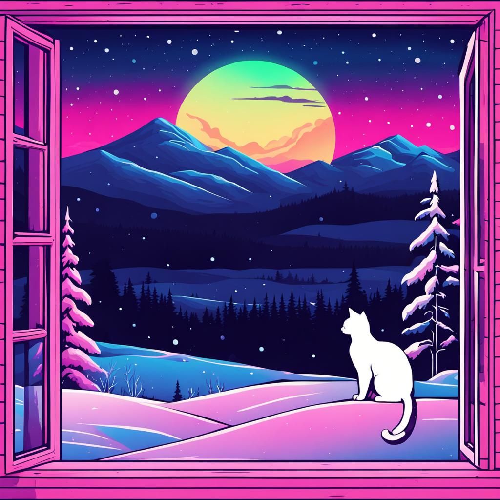 Cat Gazing at Snowy Finland in Synthwave Style