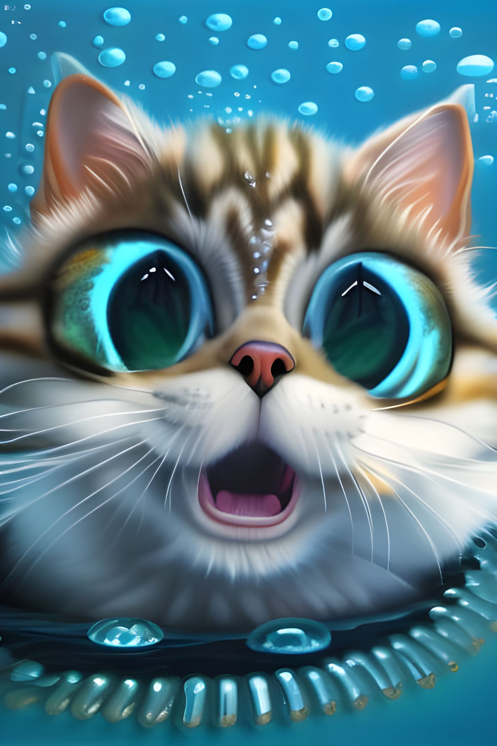 Cute Cat Submerged in Glowing Blue Water