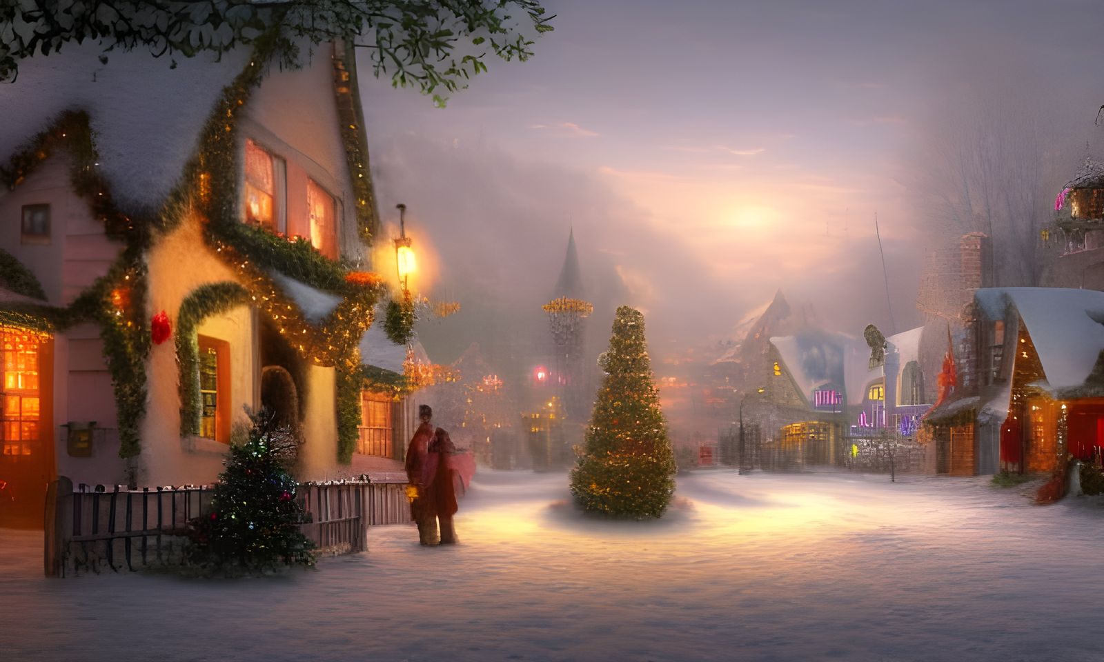 Festive Christmas Town Scene in Romantic Style