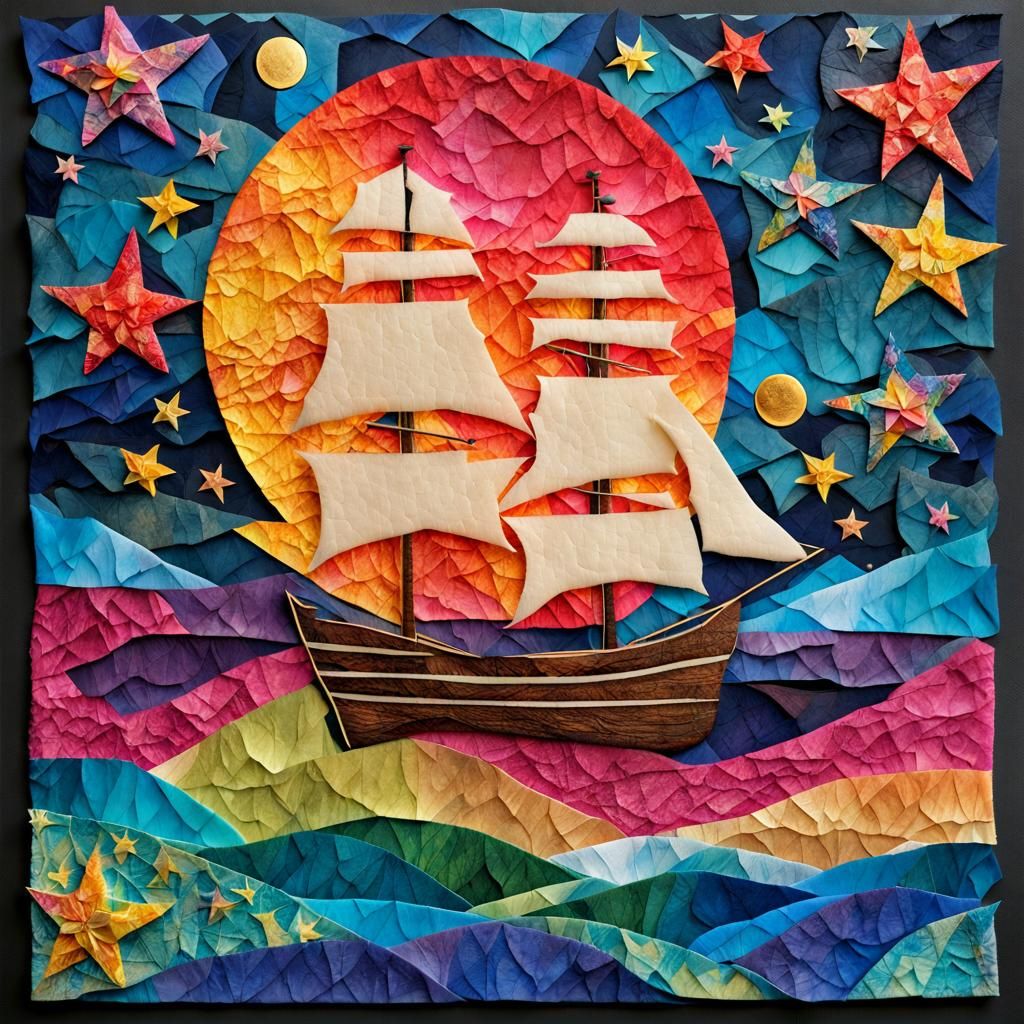 Ship at Sea Under Stars in Tissue Paper Art