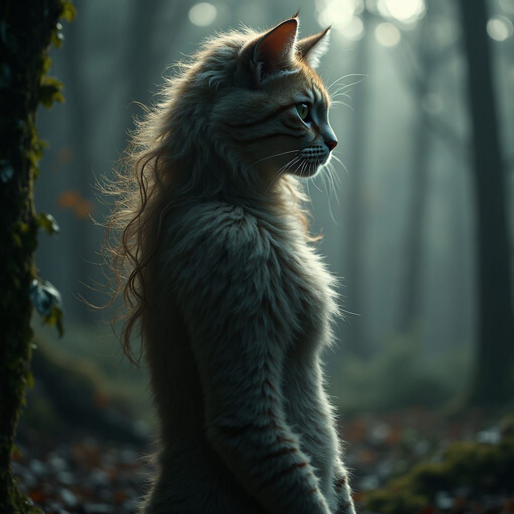 Girl Transformed into a Majestic Feline Form in Hyperrealist...