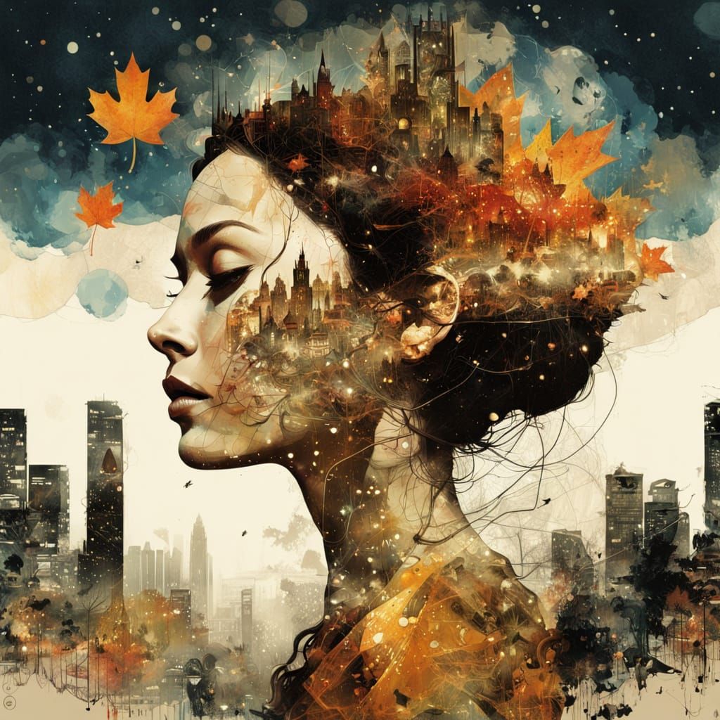 Galaxy Drips into Autumn Cityscape Silhouette