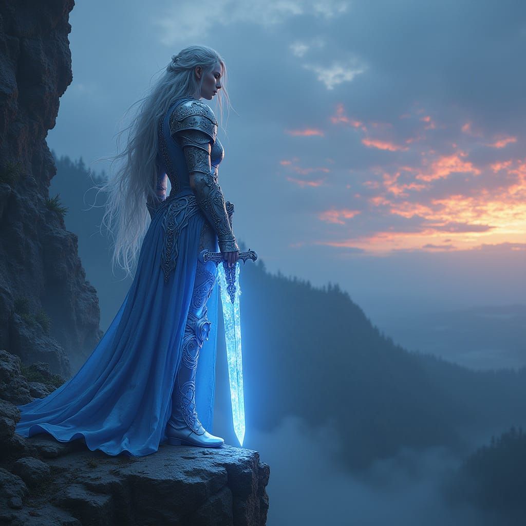 Female Warrior Overlooking Mystical Twilight Forest