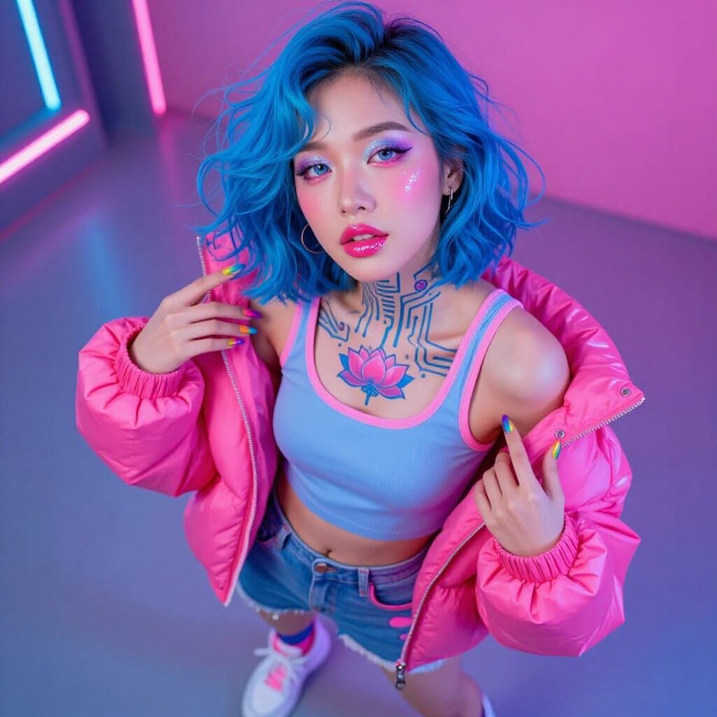 Cyberpunk Woman with Blue Hair and Neon Accents