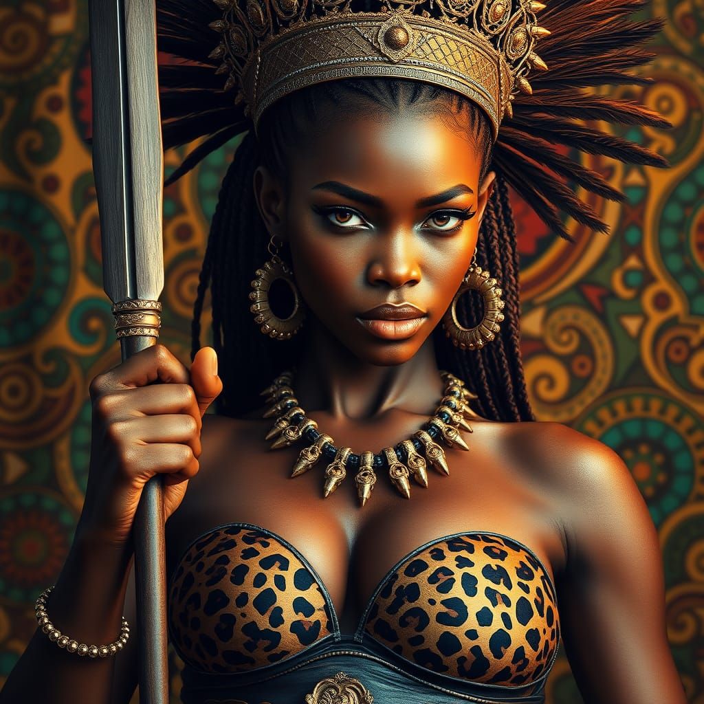 Regal African Queen with Leopard Skin Bikini and Spear