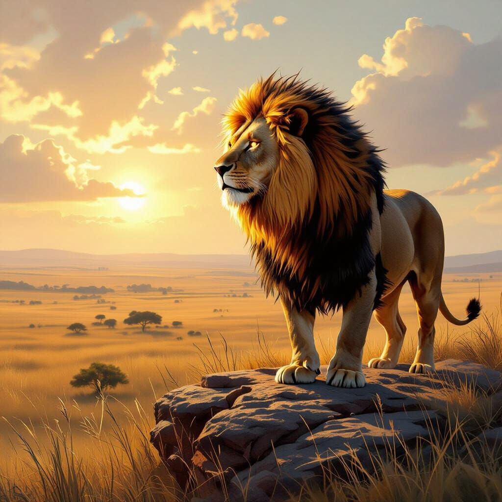 Majestic Lion with Fiery Mane Overlooking Sunlit Savanna