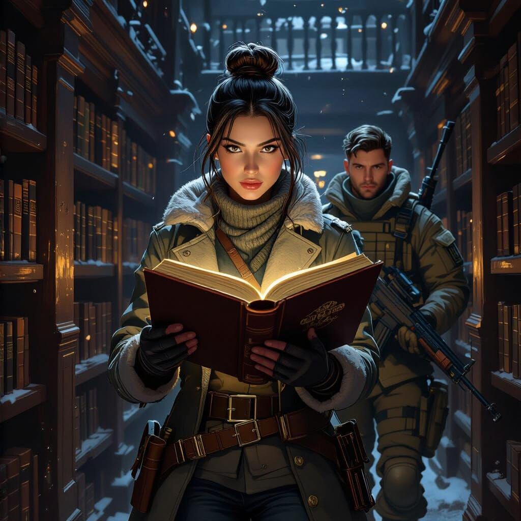 Dark Fantasy Library Scene with Librarian and Soldier