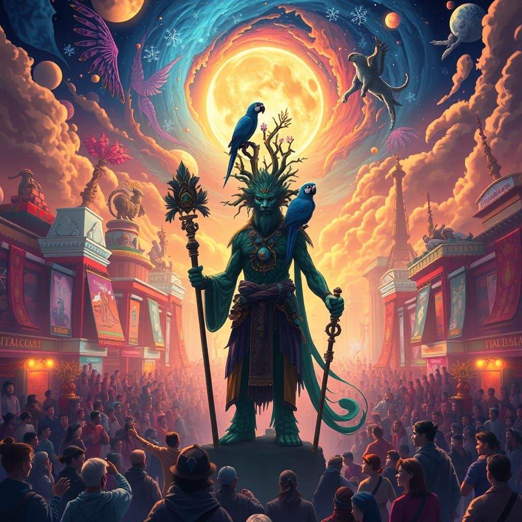 Leopard Shaman in Dreamlike Cityscape, Anime Style