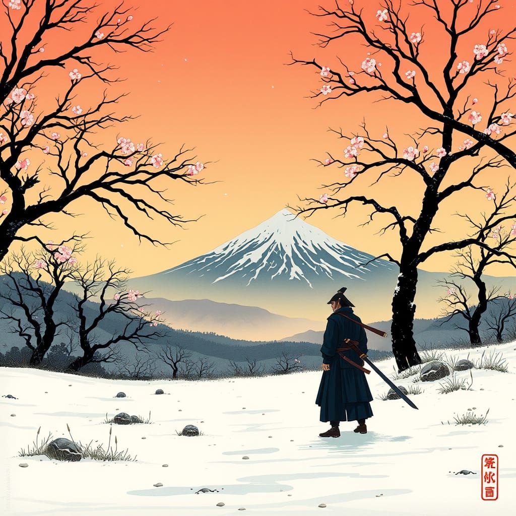Samurai Warrior on Snowy Battlefield at Dusk, Ukiyo-e Style