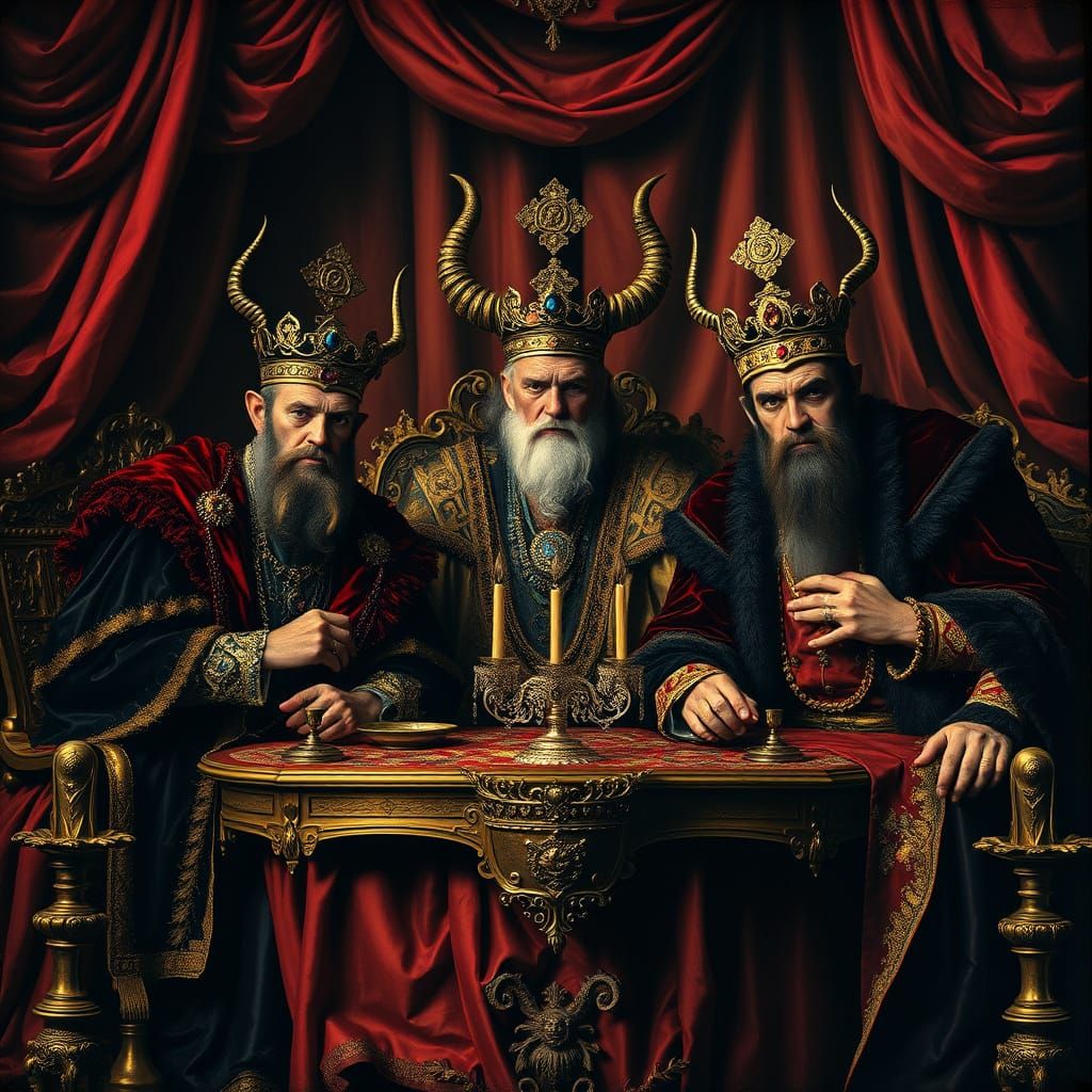 Ornate Baroque Kings Seated at Lavish Golden Table