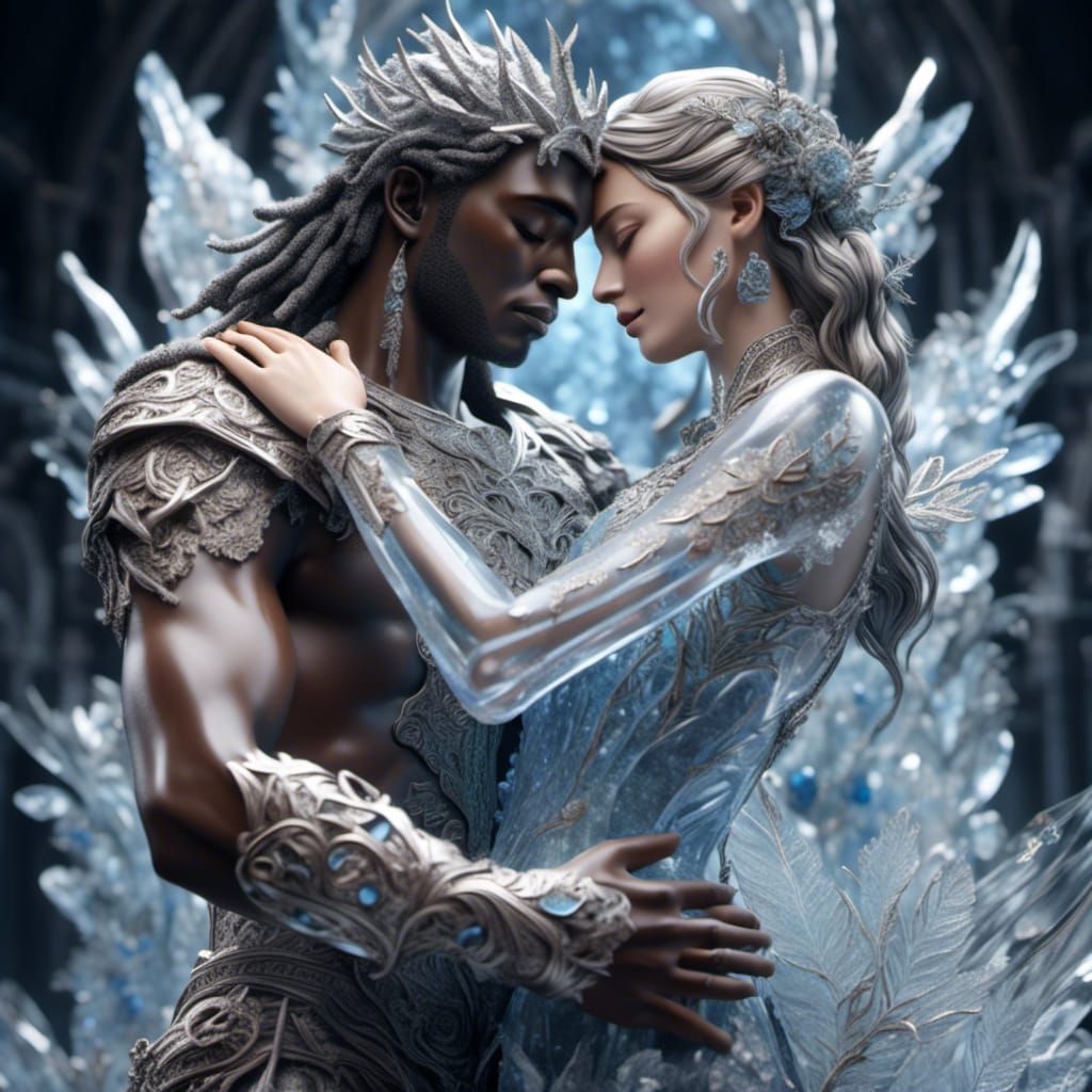 Intricate Ice Sculpture of Embracing Couple