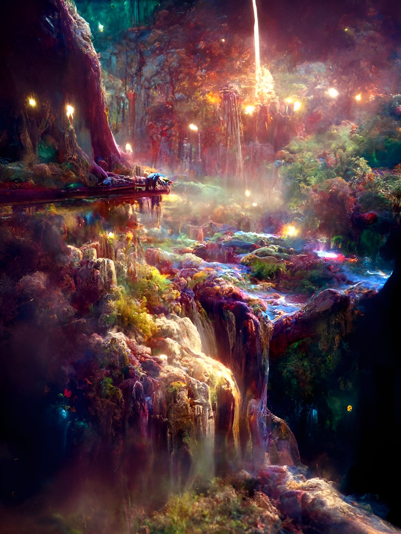 Magical Fantasy Landscape with Waterfall, Expressionist Styl...