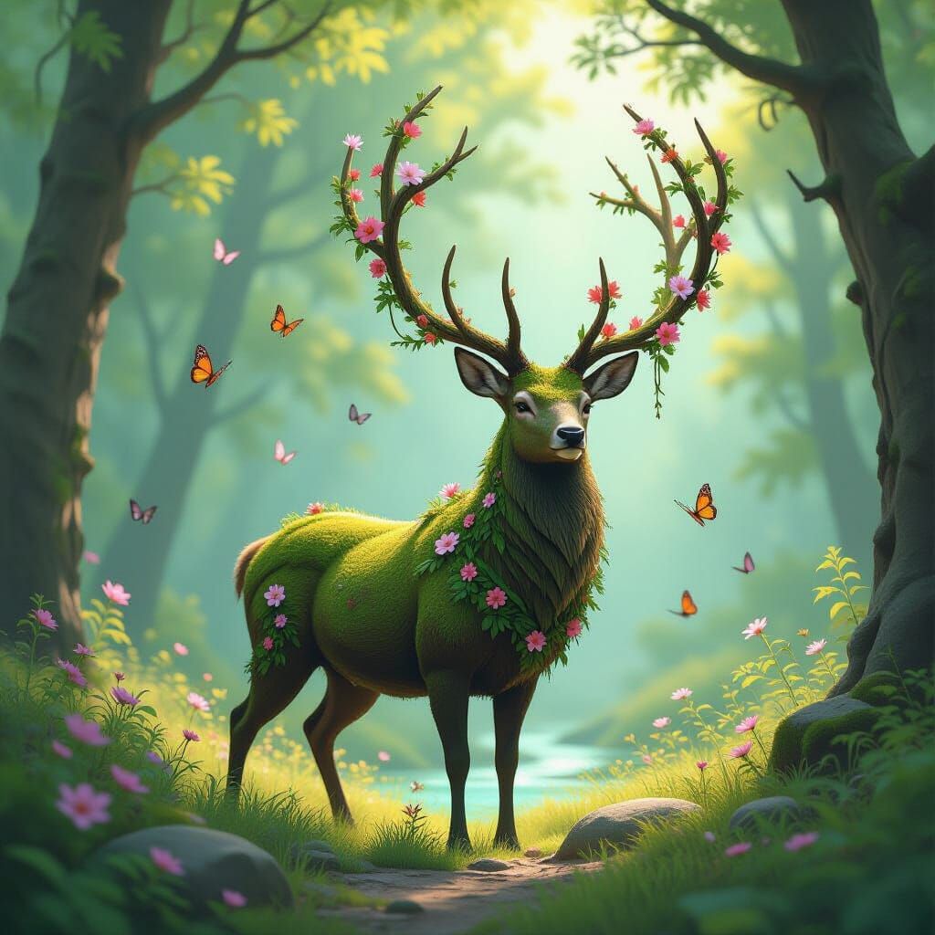 Floral Stag in Sun-Dappled Forest, Fantasy Art