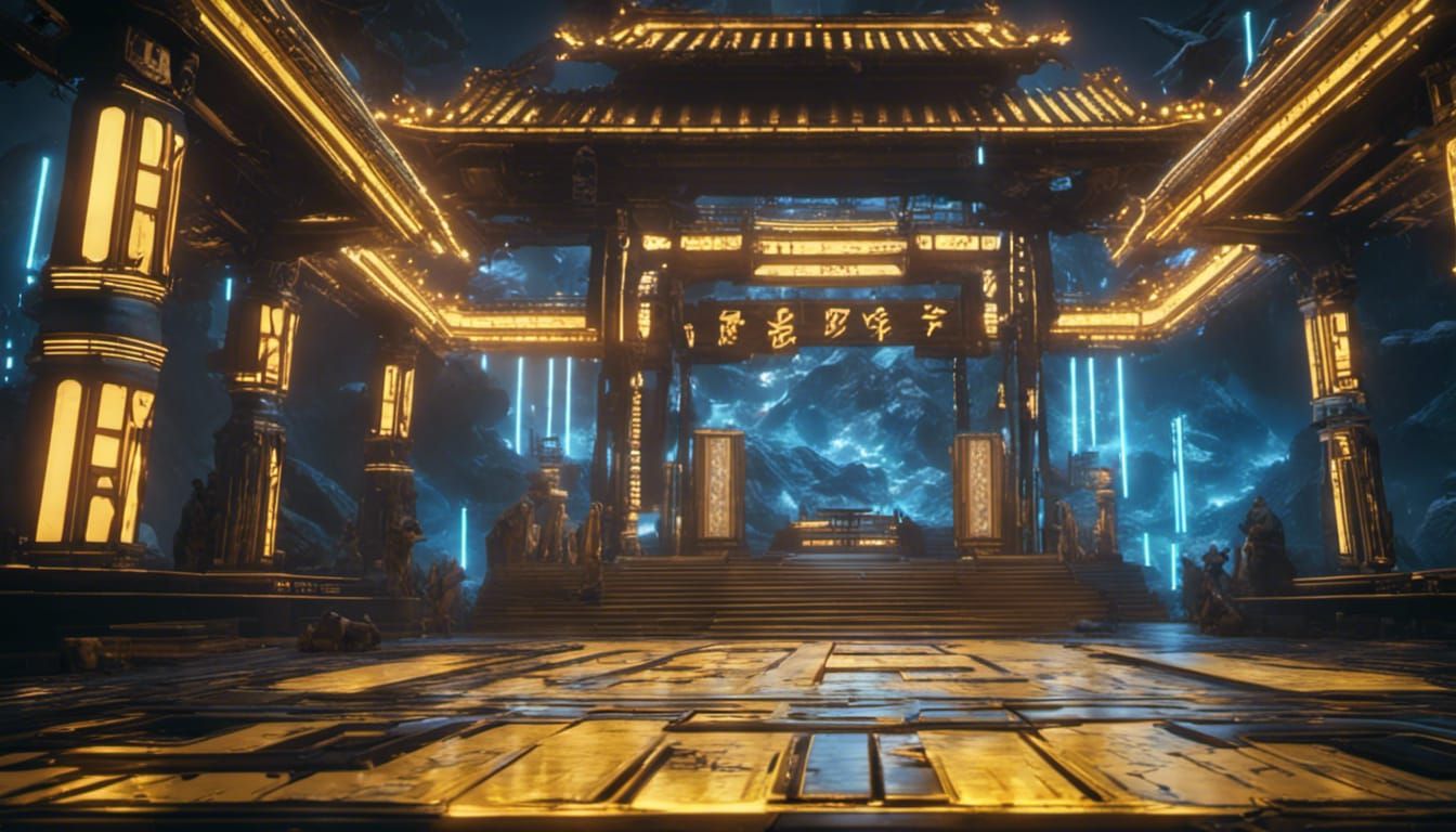 Futuristic Sci-Fi Japanese Temple with Holograms