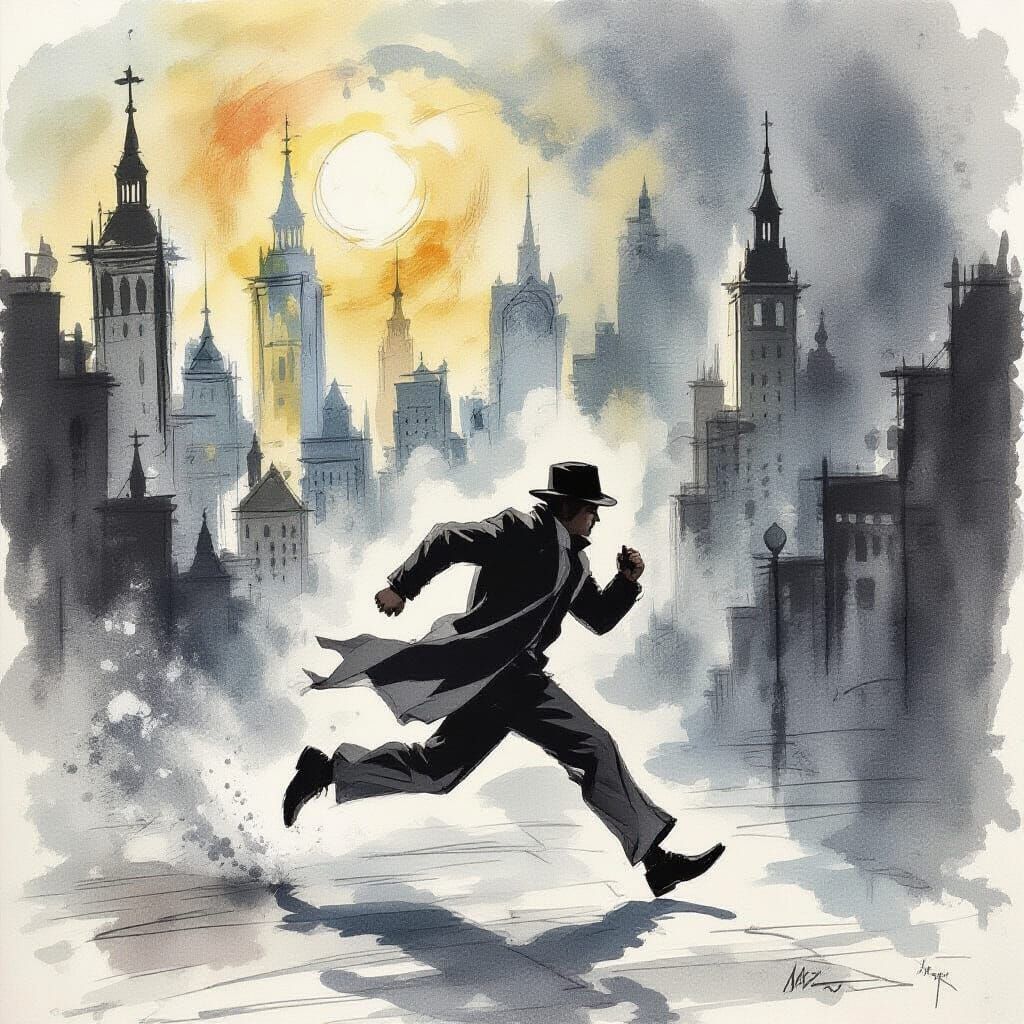 Dreamlike Cityscape Sprint in Bold Ink Wash Style