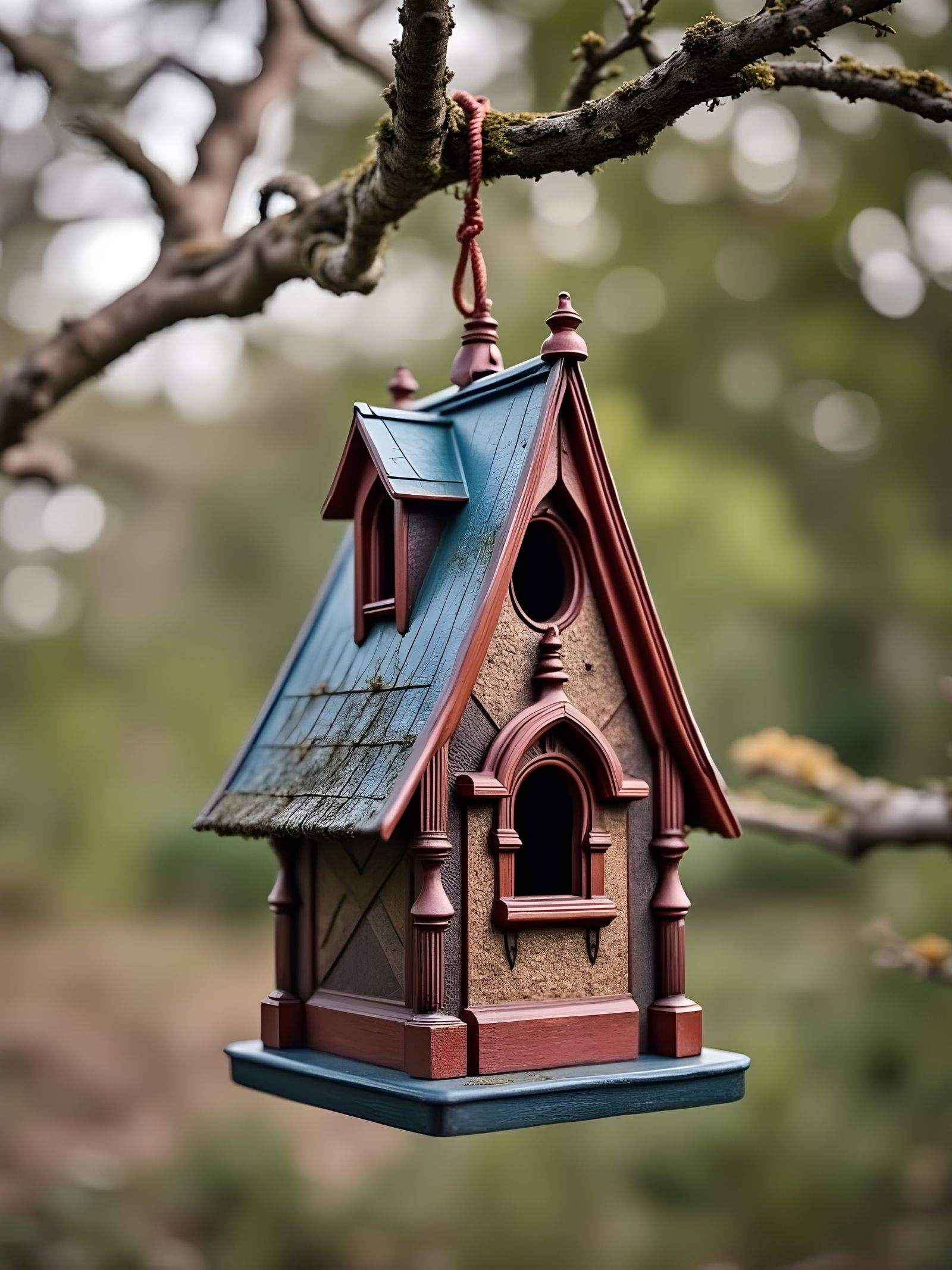 Gothic Birdhouse Sways in Ancient Tree