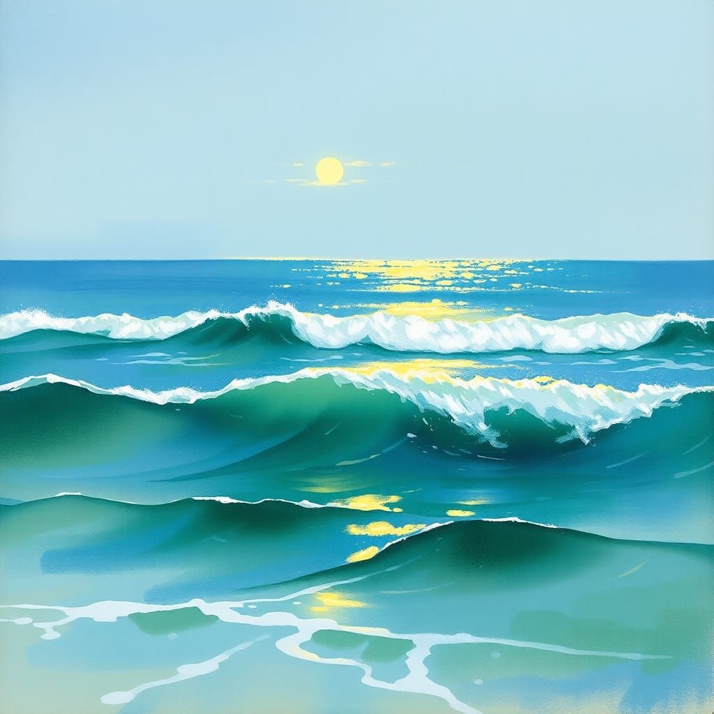 Tranquil Sea Waves in Expressive Watercolor Style
