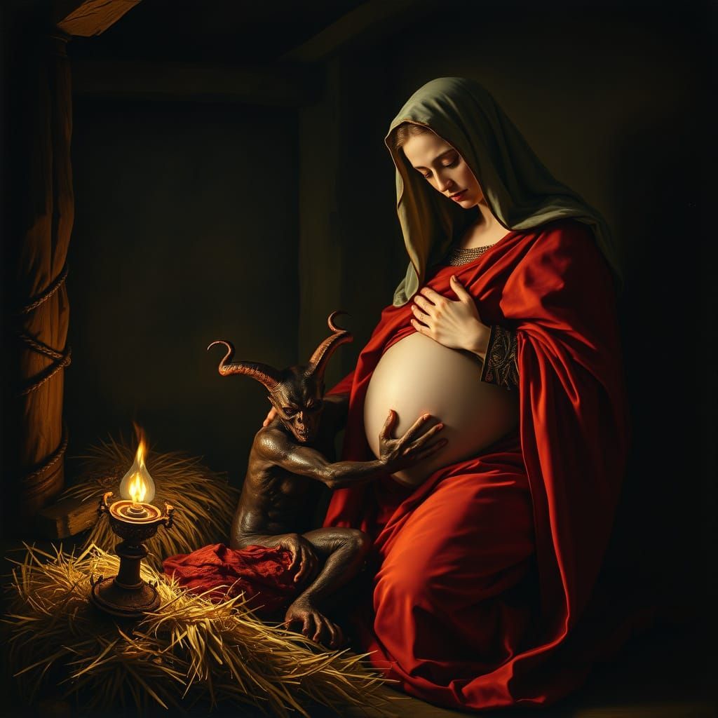 Virgin Mary Gives Birth to Devilish Infant in Dark Baroque S...