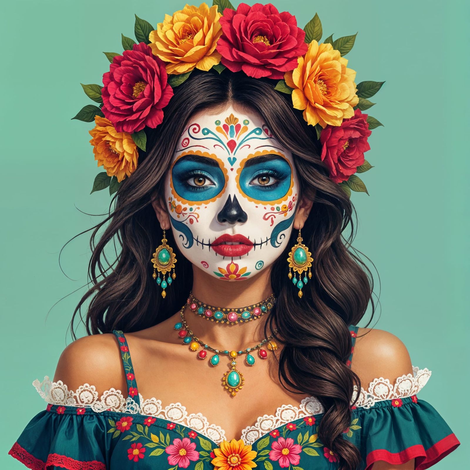 Woman with Colorful Día de los Muertos Face Paint