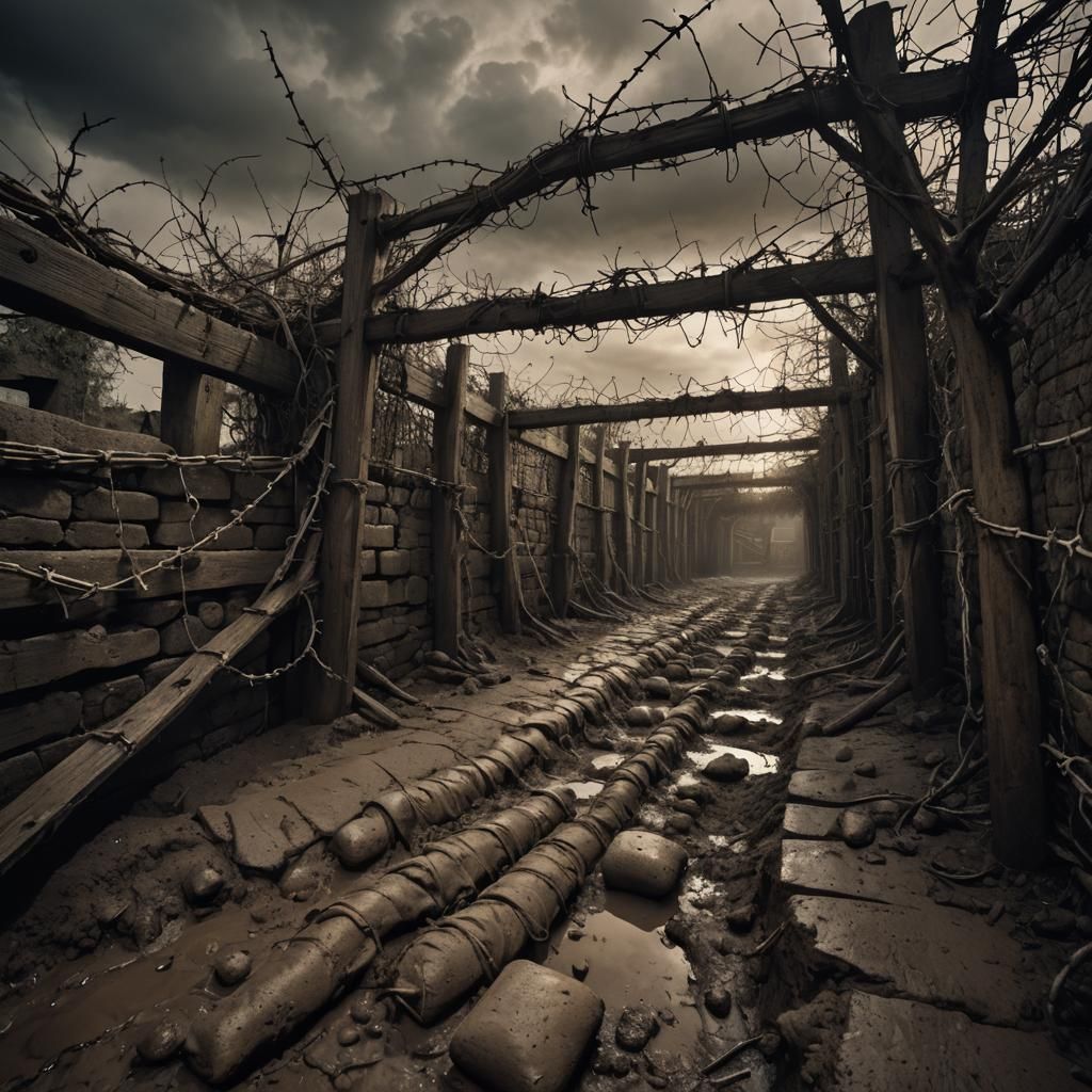 Dark Surrealism: Barbed Wire Trenches in Cinematic Light