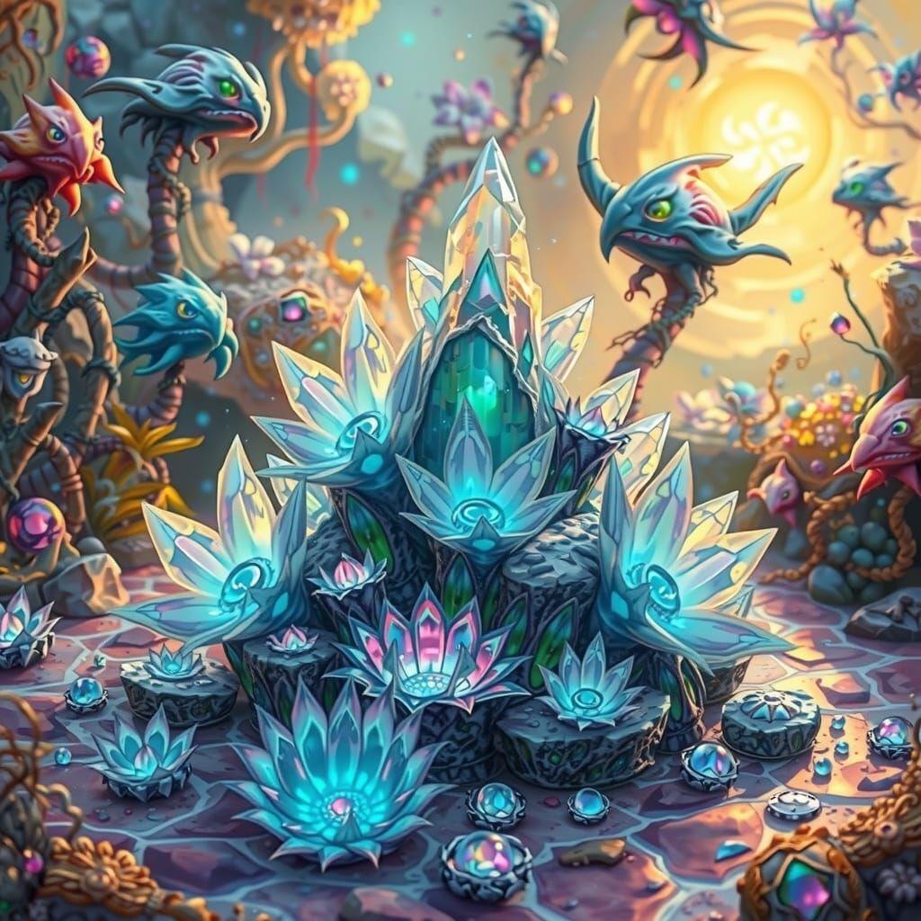 Bioluminescent Crystal Cavern with RPG Creatures