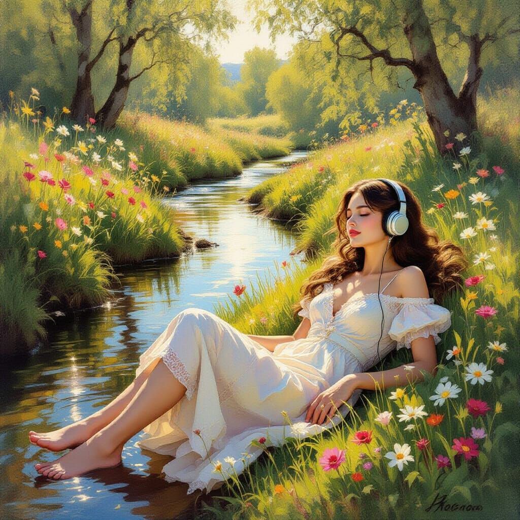 Woman by Stream: Rococo, Symbolism, Impressionism Oil Painti...