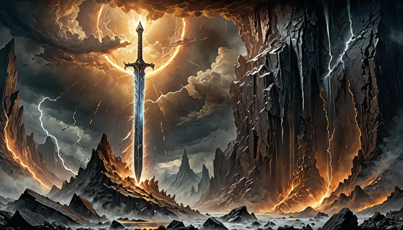 Shimmering Celestial Sword Rising from Impact Crater