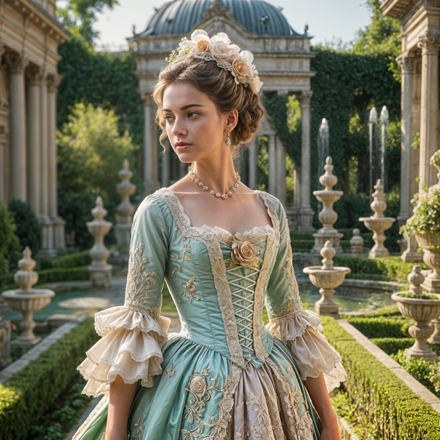 Elegant Woman in Baroque Garden, in the Style of Boucher and...