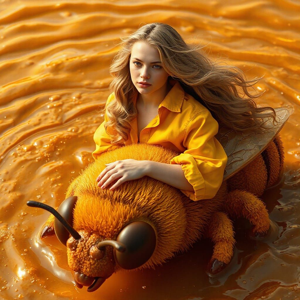 Woman on Gummy Bee in Honey Sea