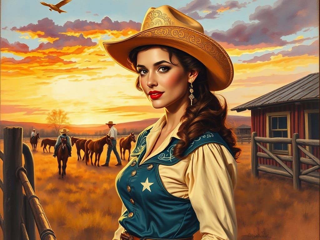 Vintage Cowgirl Pin-Up Art at Sunset