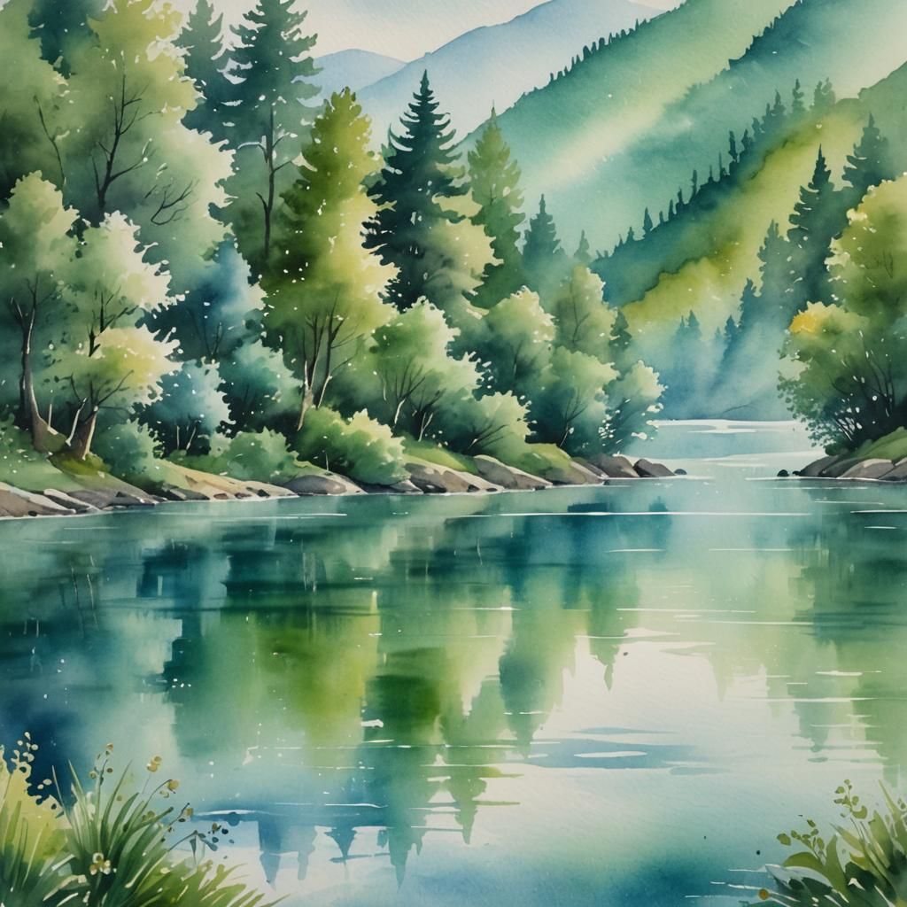 Serene Mountain Lake in Watercolour Style