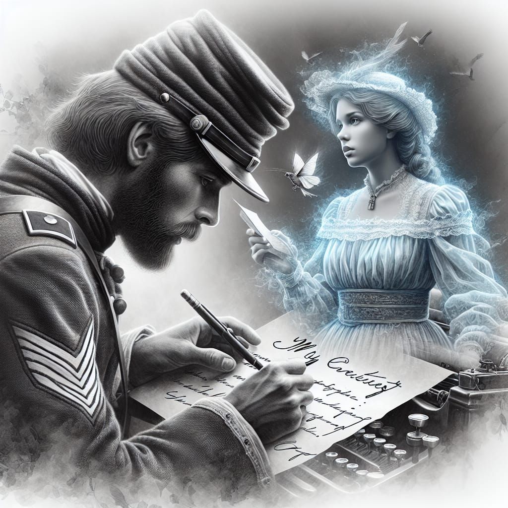 Create a hyperdetailed photorealistic black and white pencil sketch in double exposure, of a Civil War Union soldier wri...