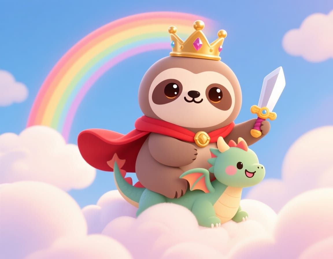 Chibi Sloth King Rides Dragon in Whimsical Pastel Sky
